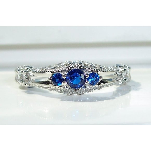 925 STERLING SILVER Antique Style Blue Spinel Cubic Zirconia Filigree Ring - Picture 5 of 16